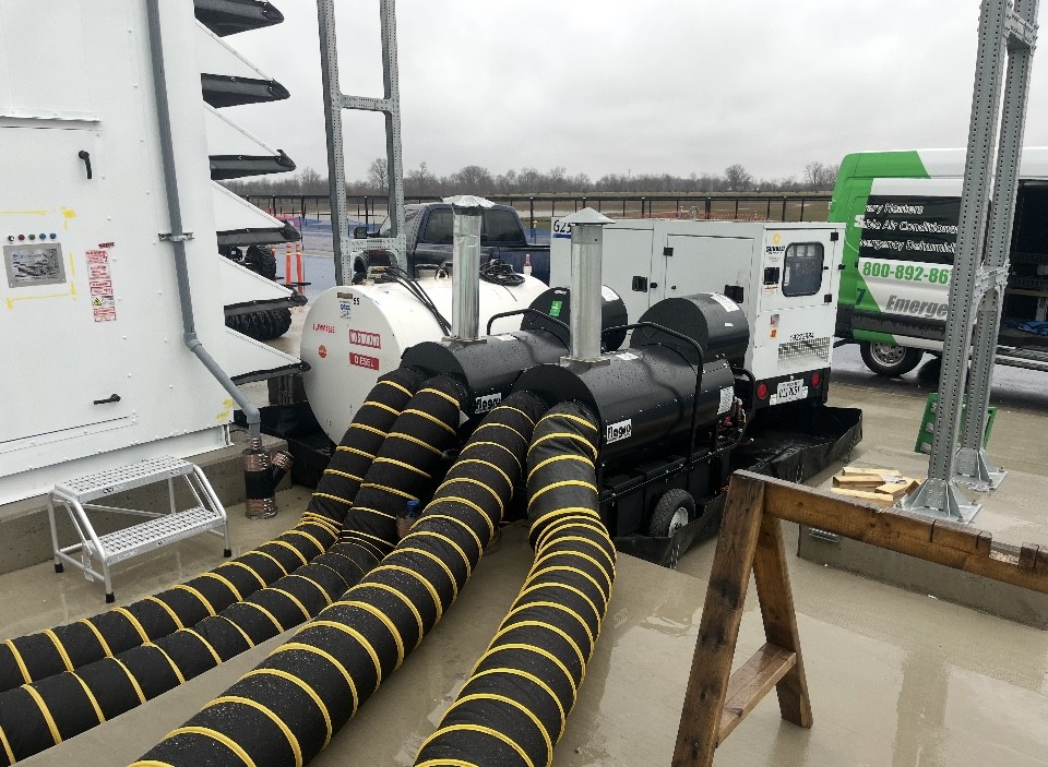 An emergency heater installed outside of a building.