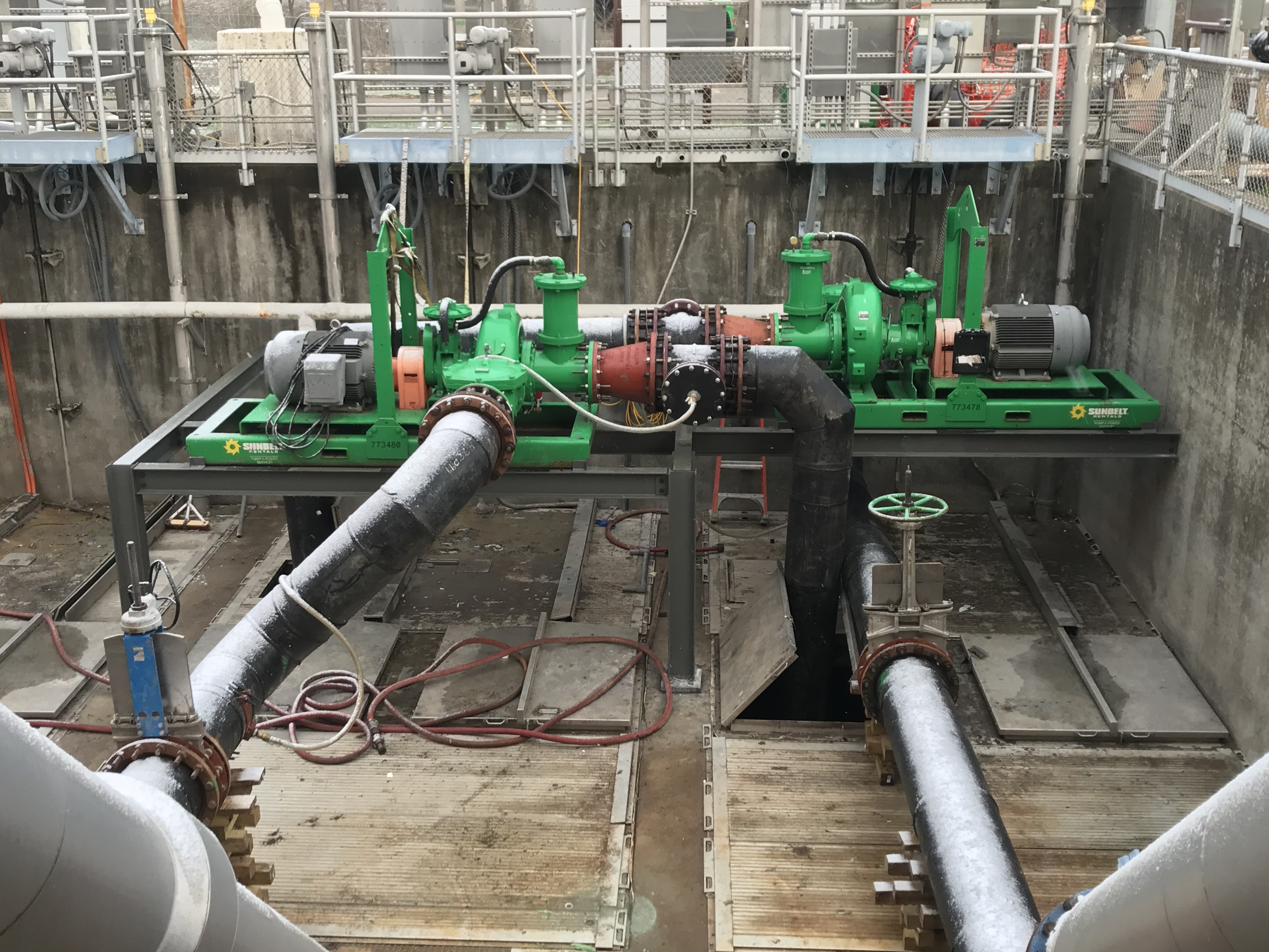 A positive displacement pump system with pipes connected to the machinery.