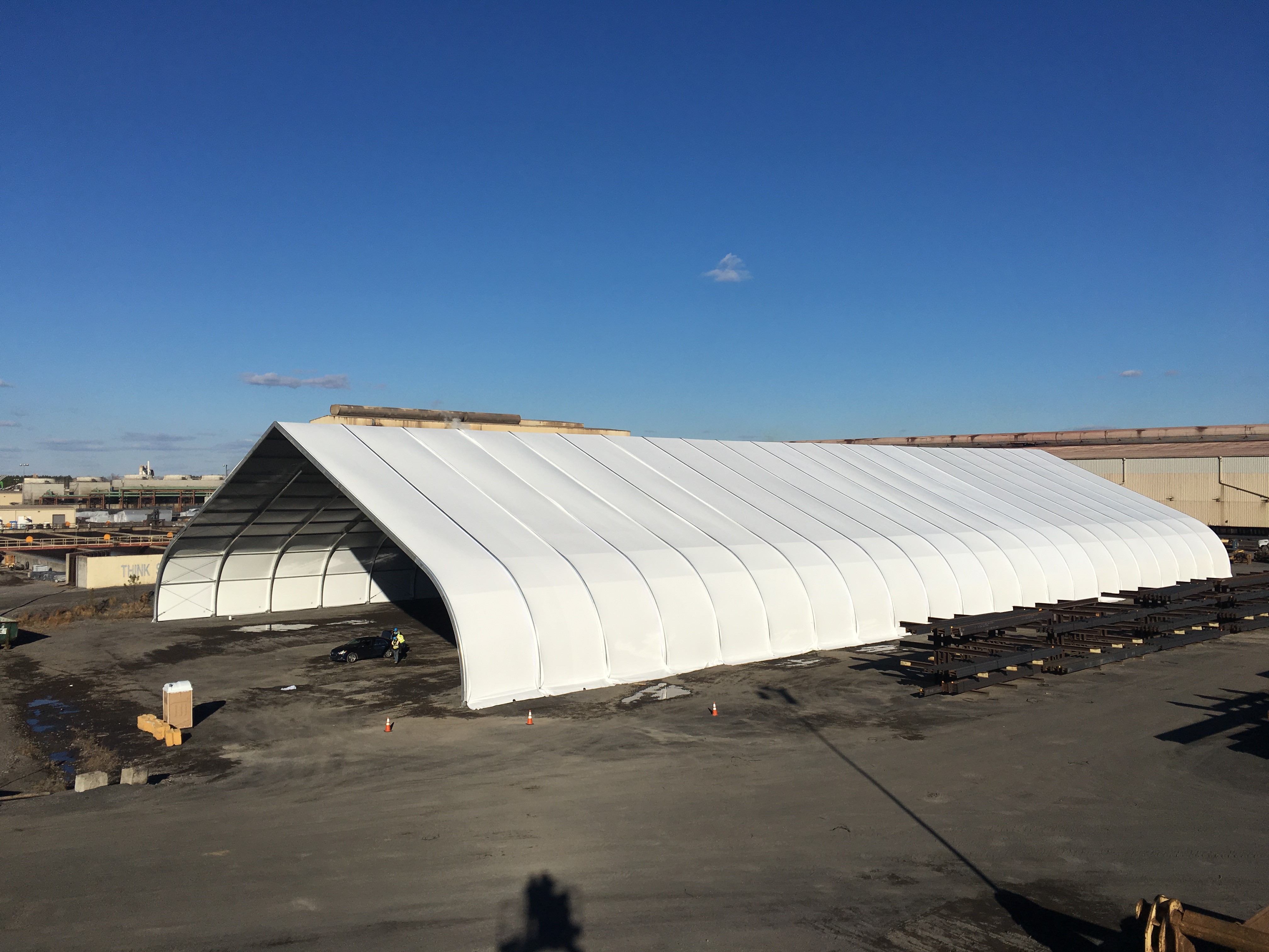 A large temporary structure installed at a job site.