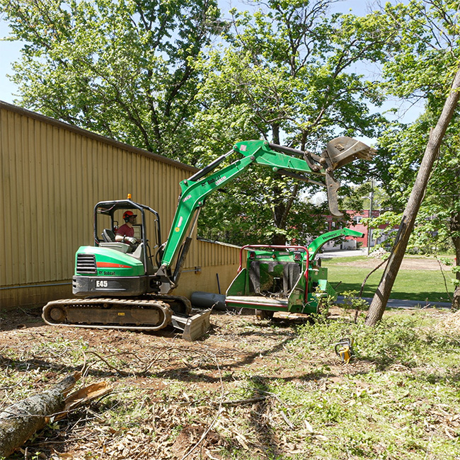 Person using a mini excavator from Sunbelt Rentals to move sections of a fallen tree behind a building.