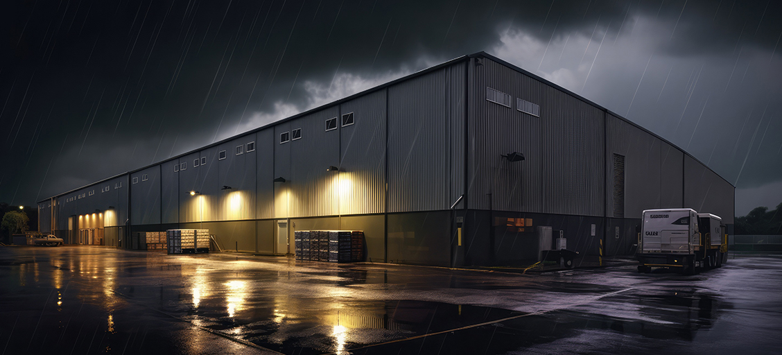  A warehouse with exterior lights reflected in the rain-wettened pavement below as dark clouds and rain pass overhead.